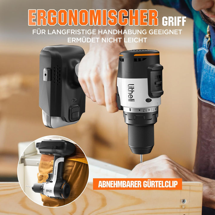 Litheli 20V Akku Bohrschrauber mit 2X10.000mAh Li-Ion Akku, 60 Nm Maximaldrehmoment, 17+1 Drehmoment