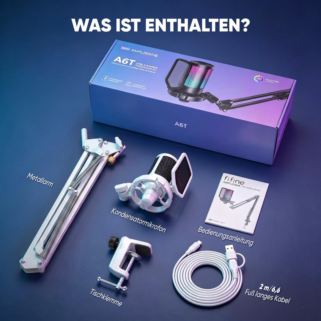 FIFINE USB Mikrofon PC Gaming mit Arm, Typ A/C Microphone Weiss für MAC PS4 PS5 mit Stummschalttaste