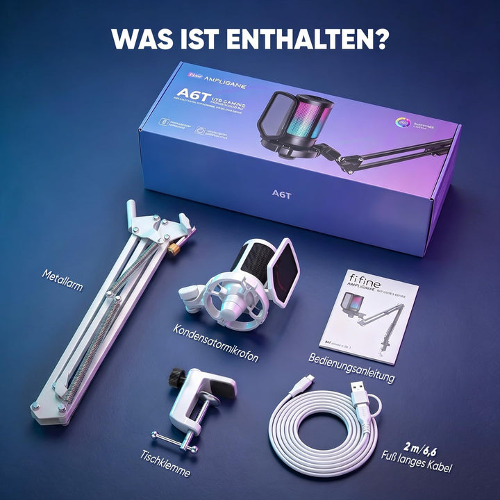 FIFINE USB Mikrofon PC Gaming mit Arm, Typ A/C Microphone Weiss für MAC PS4 PS5 mit Stummschalttaste