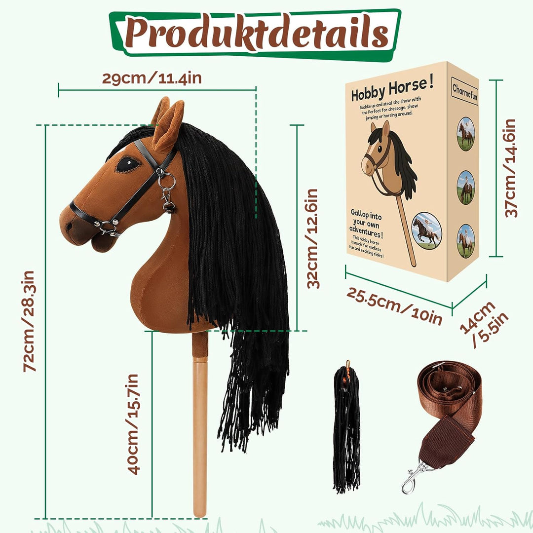 Hobby Horse, A3 Kopfgrösse Steckenpferd Kinder, Hobby Horsing mit Weichem Plüschhalfter, Fliessendem