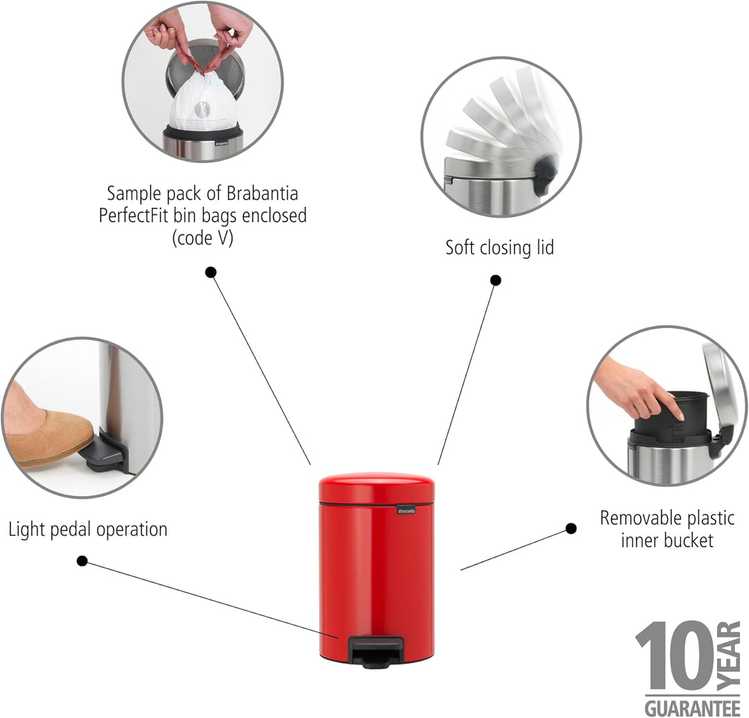 Brabantia Treteimer mit Inneneimer aus Kunststoff, stahl, Passion Rot, 3 Liter 3 Liter Passion Red,