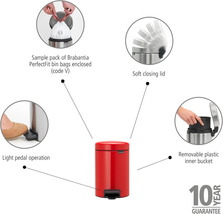 Brabantia Treteimer mit Inneneimer aus Kunststoff, stahl, Passion Rot, 3 Liter 3 Liter Passion Red,