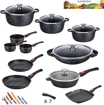 Kamberg 0008162 Topfset 27-teilig, Aluguss, Steinbeschichtung, für alle Herde, auch Induktionsherde,