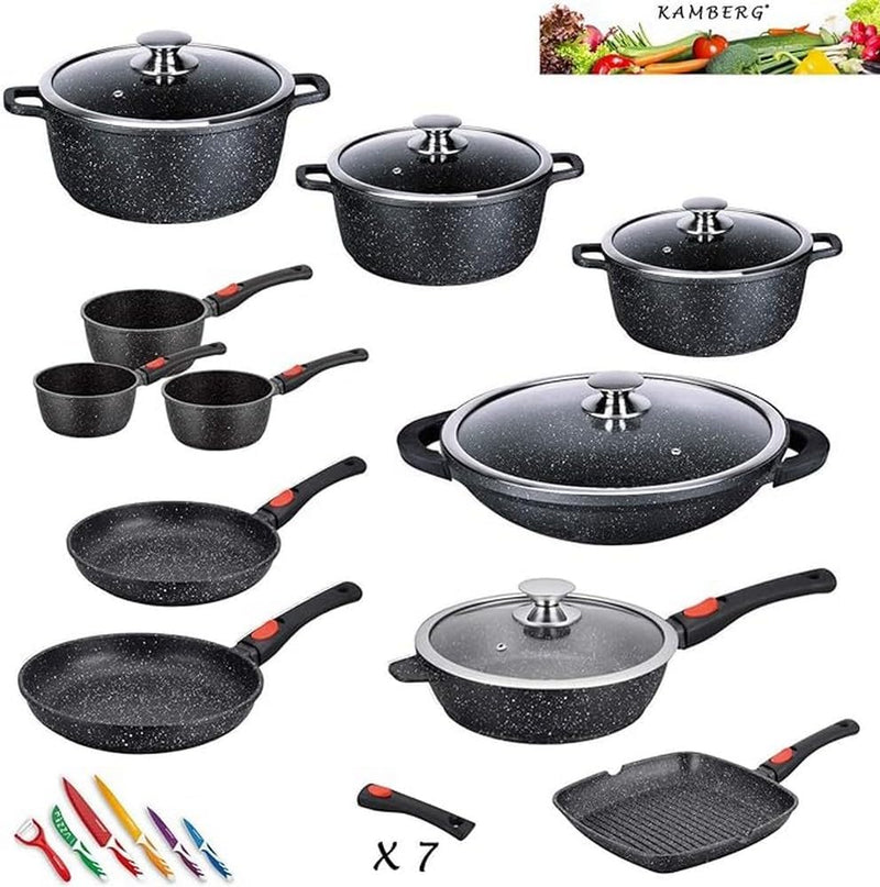 Kamberg 0008162 Topfset 27-teilig, Aluguss, Steinbeschichtung, für alle Herde, auch Induktionsherde,