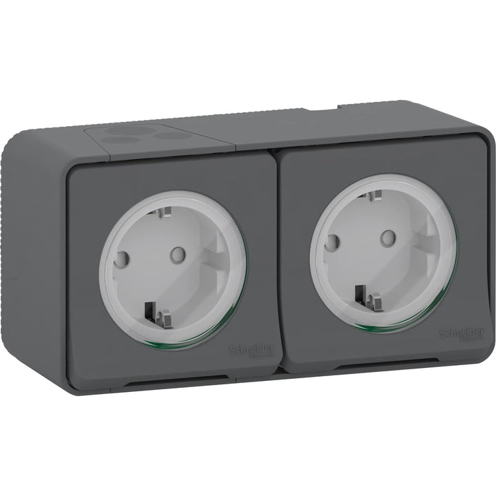 Mureva Styl – Doppel-PC 2P+T Schuko Vorverdrahtet, Horiz – Aufputz – IP55 IK08 – Grau