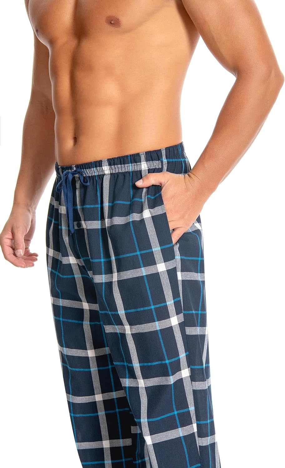 Herren 100% Baumwolle Pyjamahose, Gewebte kariert Schlafhose Loungewear Pyjama Hose mit Taschen, S B