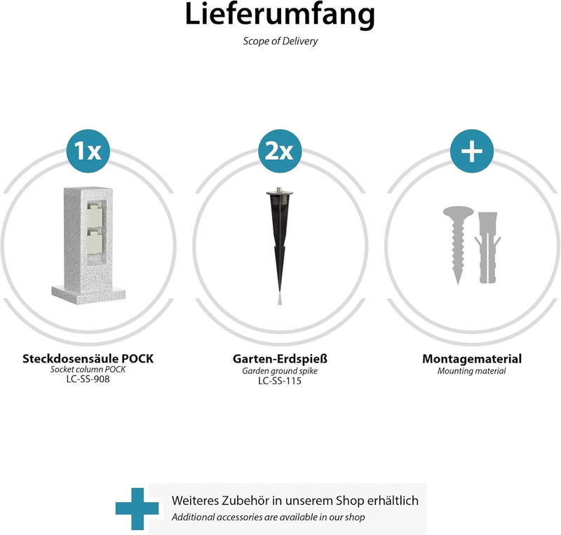 ledscom.de Garten-Steckdosensäule POCK mit Erdspiess Stein-Optik für aussen, 2-Fach, Kunstharz, ecki