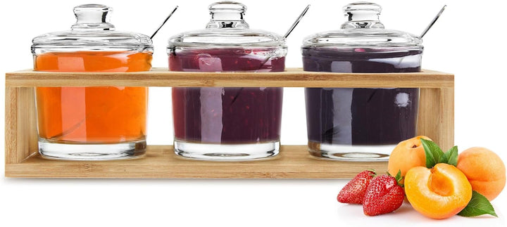 Sendez 3 Gewürzgläser mit Holzgestell und Löffeln Gewürzdosen Parmesandosen Marmeladendosen Set Honi