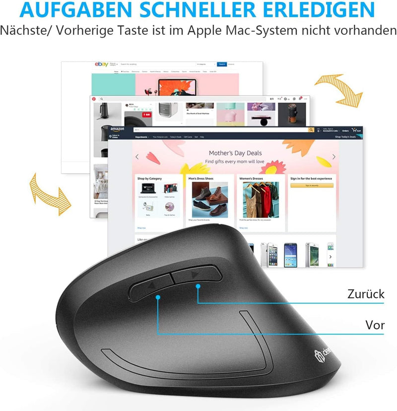 iClever Ergonomische Maus Kabellos, 2.4G Wireless Vertikale Maus Ergonomisch mit 6 Tasten,1000/1600/