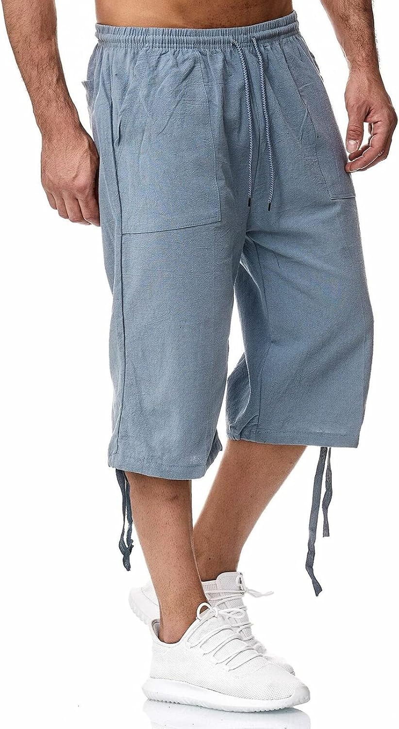 Remxi Herren-Shorts, 3/4-Leinen-Shorts, lockere Passform, Sommer, lässige Cargohose M Blau, M Blau