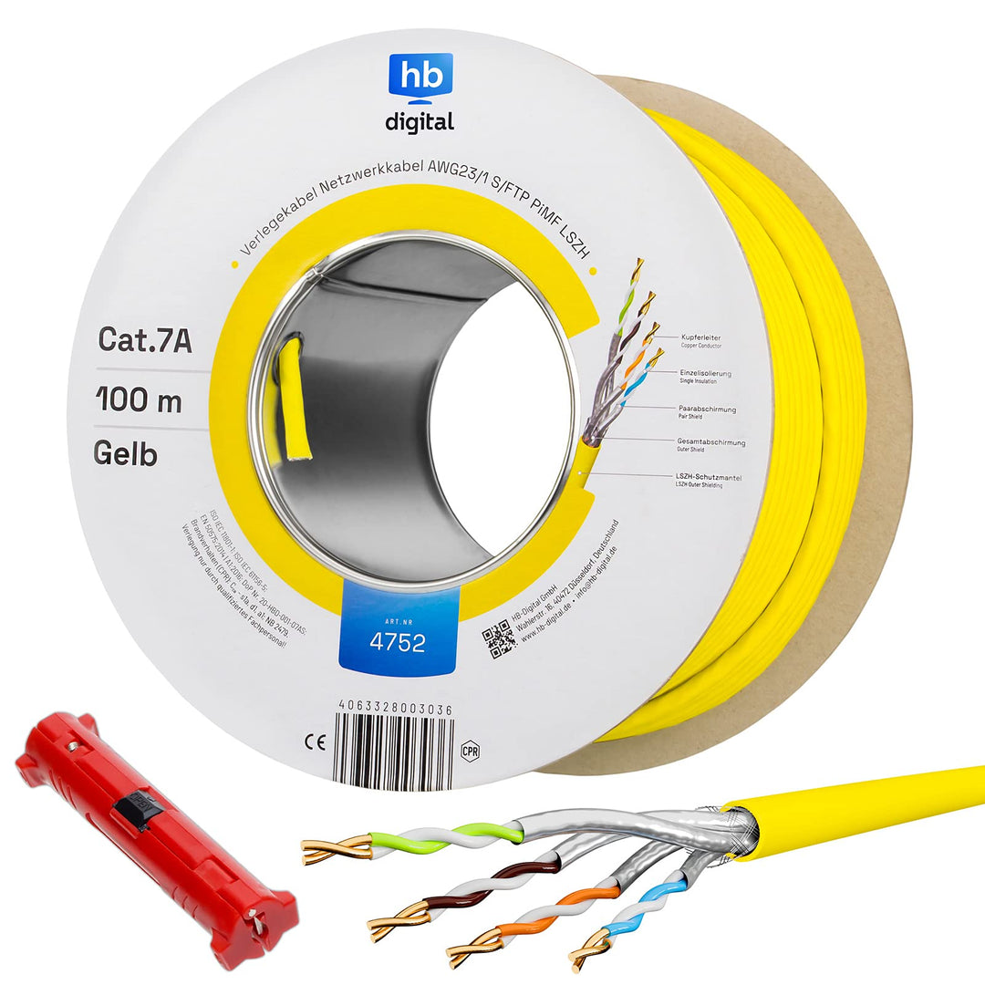 HB-DIGITAL 100m CAT.7a Netzwerkkabel Gelb Verlegekabel Ethernet LAN AWG23 Reines Kupfer S/FTP PiMF L