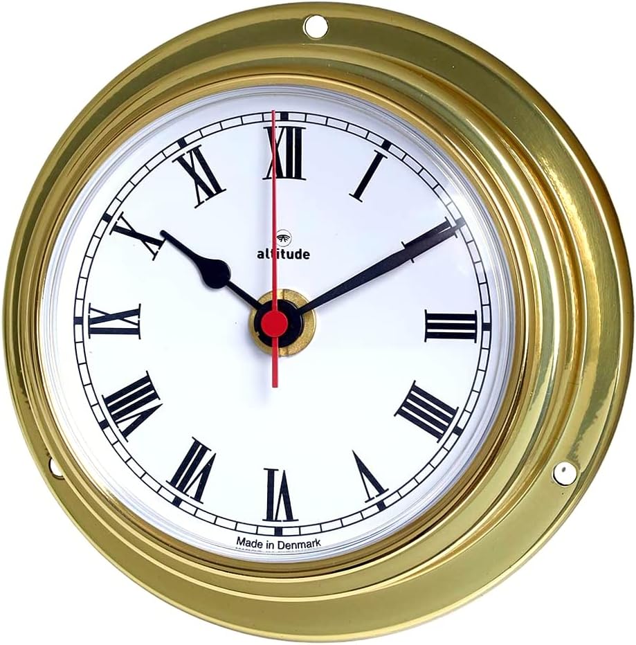 Altitude Delite Wanduhr Messing poliert weisses Zifferblatt römische Ziffern Durchmesser 125 mm