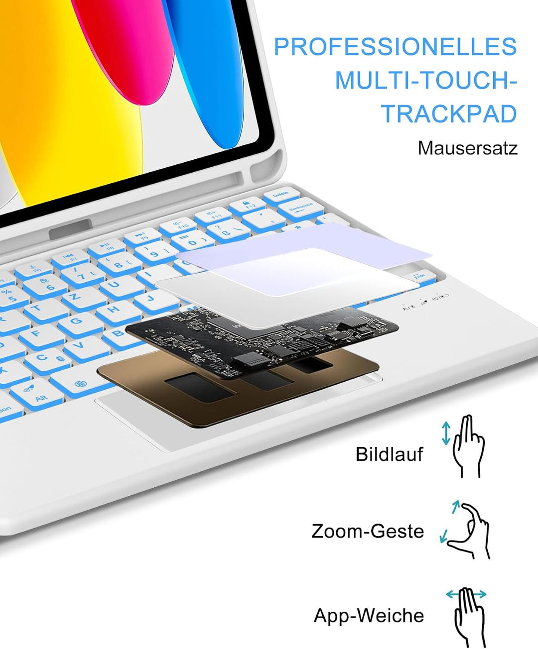 Hülle mit Tastatur für iPad 11. Gen A16 (2025) & 10. Gen (2022), Deutsch QWERTZ, 7-Farben Beleuchtun