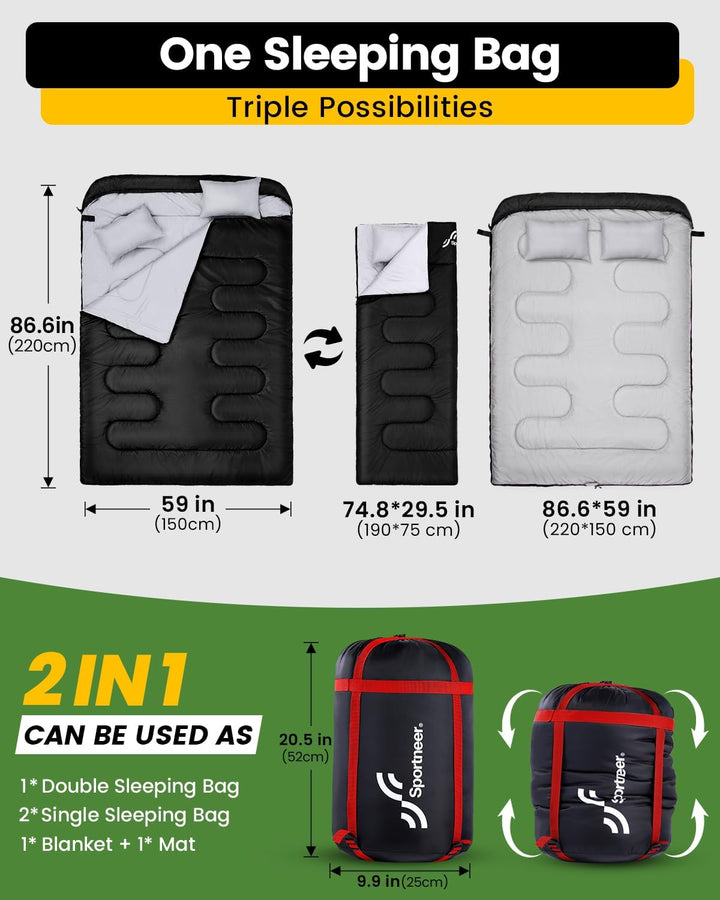 Schlafsack Outdoor: Sportneer Schlafsäcke 2 Personen Doppelschlafsack 220x150cm, 3.5kg mit 2 Kissen,