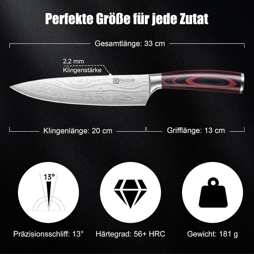 PAUDIN Kochmesser, Klingenlänge 20cm Profi Küchenmesser Messer Chefmesser Allzweckmesser aus hochwer