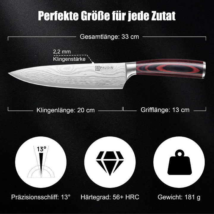 PAUDIN Kochmesser, Klingenlänge 20cm Profi Küchenmesser Messer Chefmesser Allzweckmesser aus hochwer
