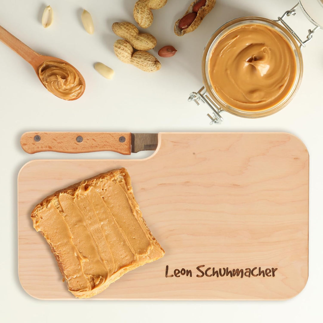 Personalisiertes Frühstücksbrettchen mit Messer, Wunsch-Name oder Text graviert – Geschenk-Idee Gebu