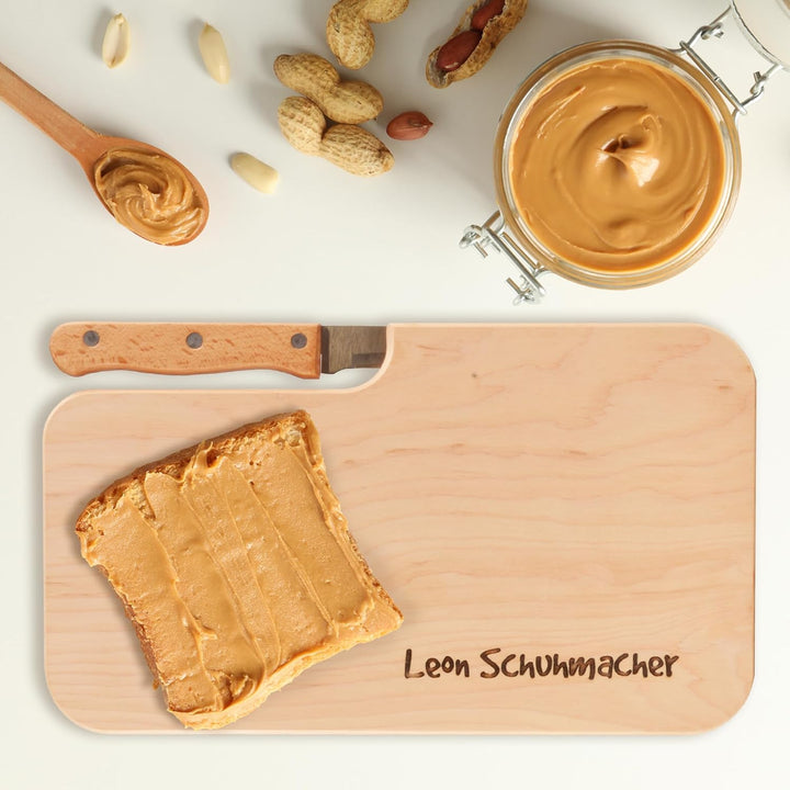Personalisiertes Frühstücksbrettchen mit Messer, Wunsch-Name oder Text graviert – Geschenk-Idee Gebu