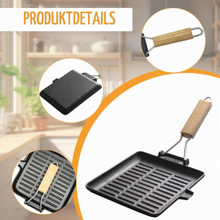 Steakpfanne Gusseisen 20×20 cm Grillpfanne mit Klappbarem Holzgriff Viereckige Grill Pan Induktion F