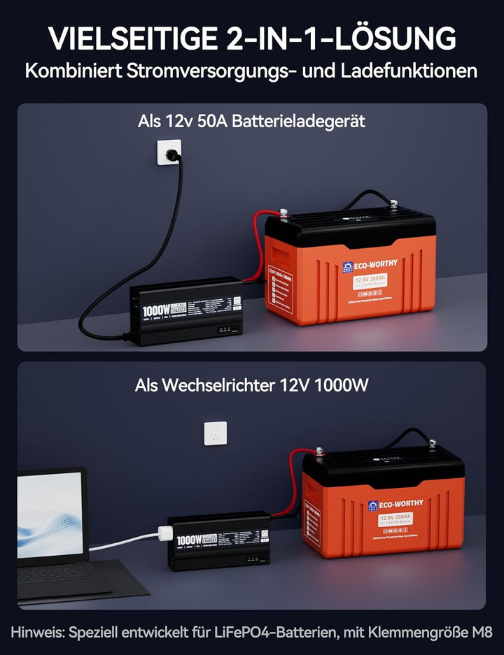 ECO-WORTHY 14,6V 50A LiFePO4 Ladegerät mit 1000W Wechselrichter 12V auf 230V, Netzvorrangschaltung u