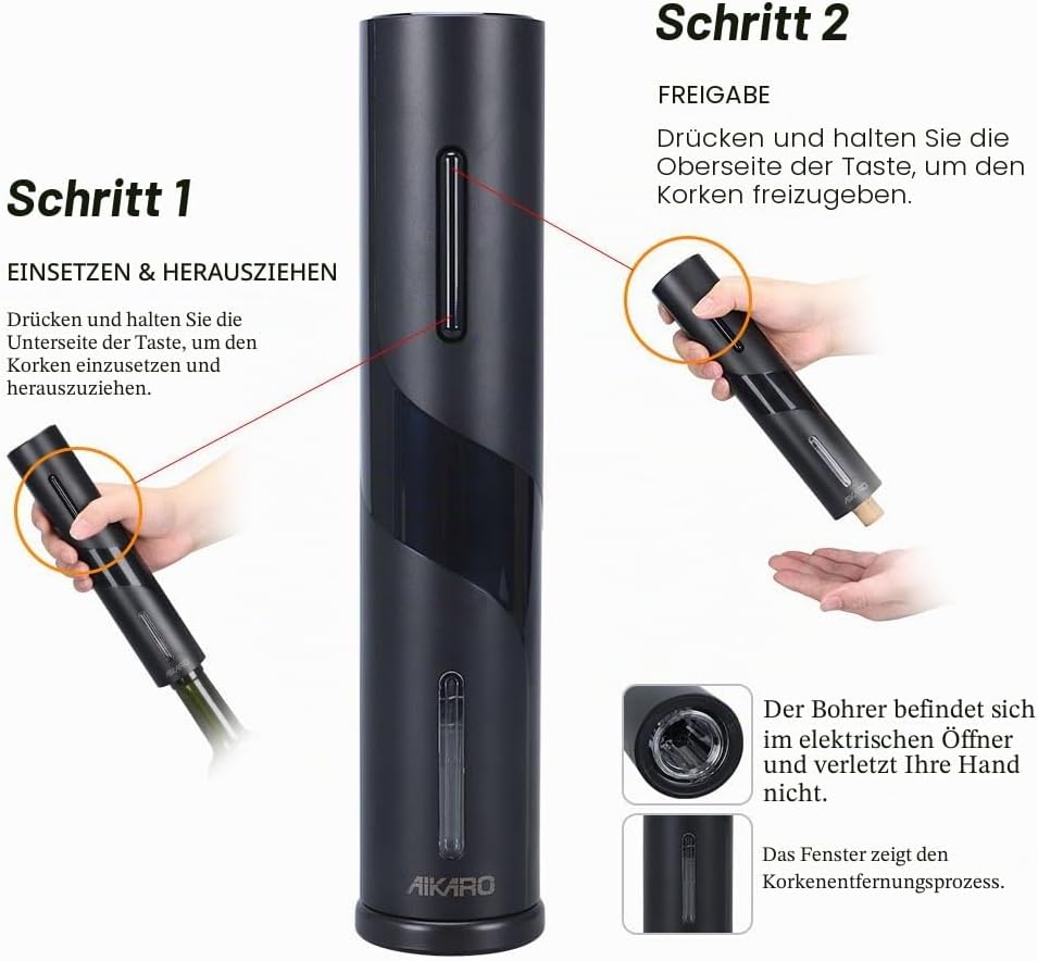 AIKARO - Elektrischer Weinflaschenöffner Automatischer Elektrokorkenzieher, Wiederaufladbar Recharge