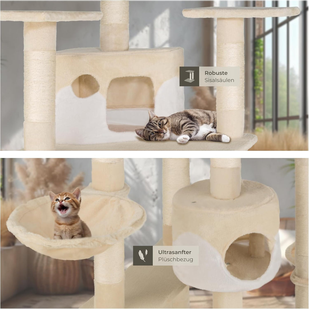 TecTake Katzen Kratzbaum mit XXL Liegemulde | 2 Katzenhäusern | deckenhoch - Diverse Farben - (beige