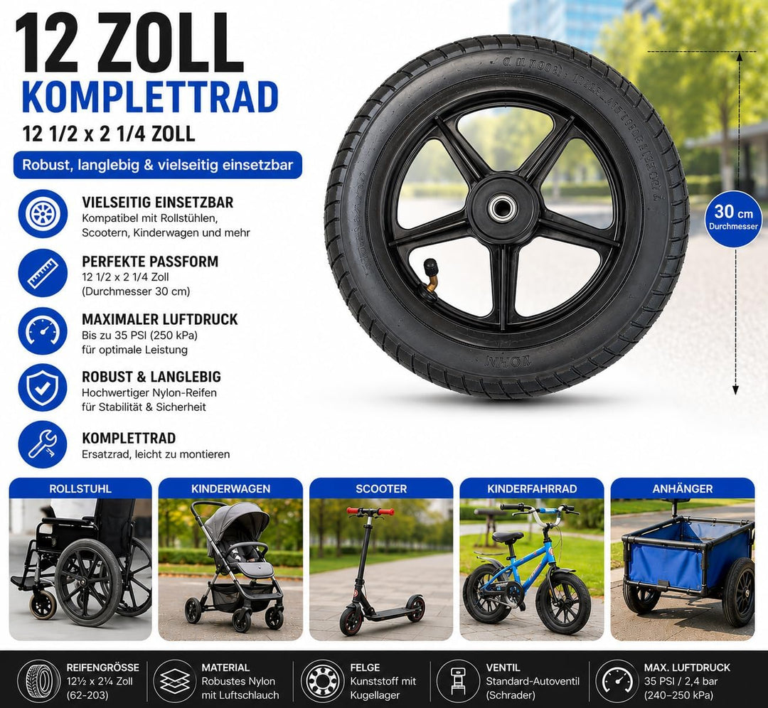 12 Zoll Rollstuhl-Hinterrad, Komplettrad, Ersatzrad, Robuster 12 1/2 x 2 1/4 (62-203) Zoll hochwerti