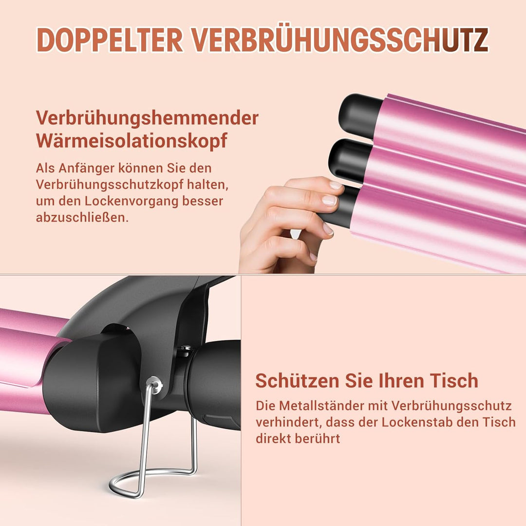 Beach Waves Lockenstab 3 Barrel - Edelstahl Heizung Wellig Lockenstab für langes & kurzes Haar, Rosa