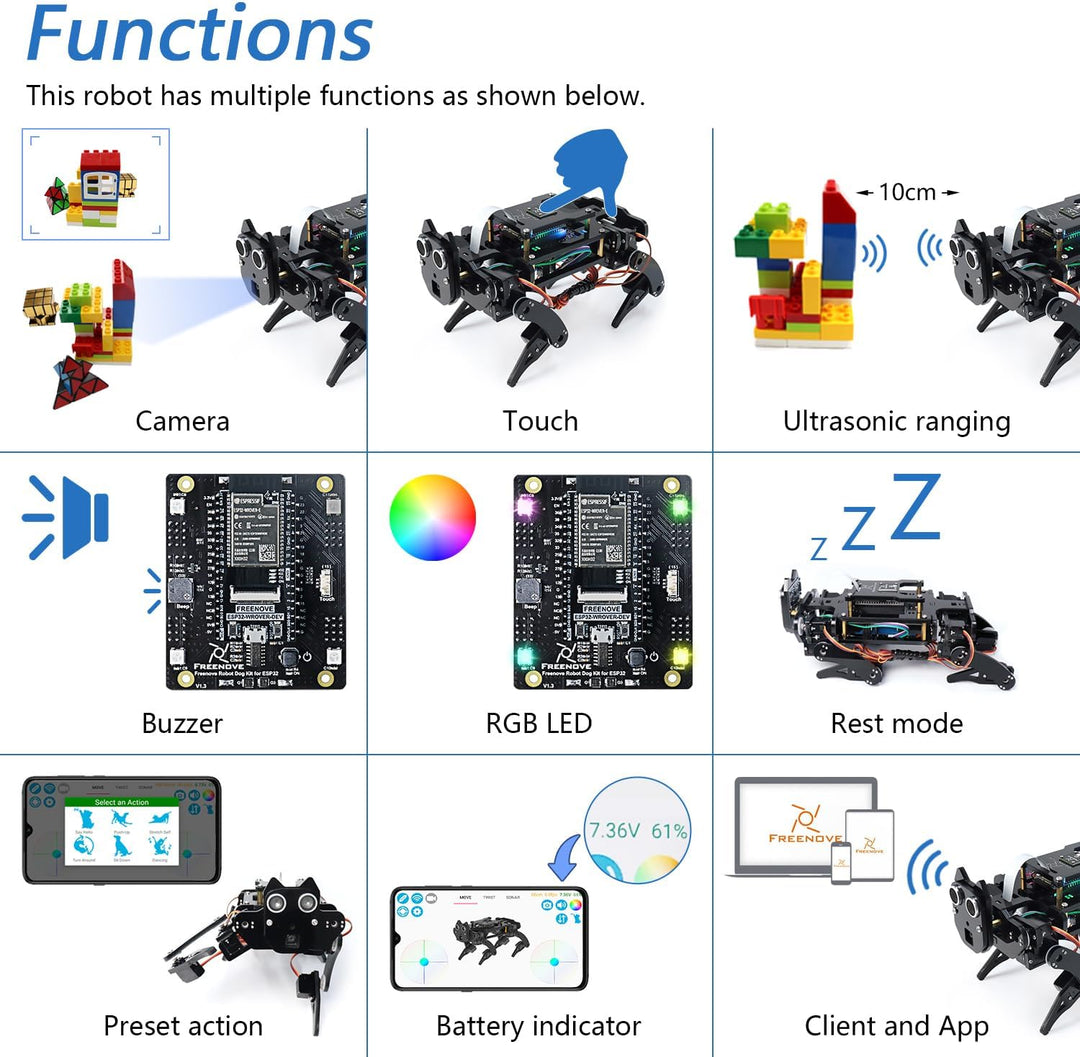 FREENOVE Robot Dog Kit for ESP32-WROVER (Included), Camera, Walking, Ultrasonic Ranging, Touch Senso