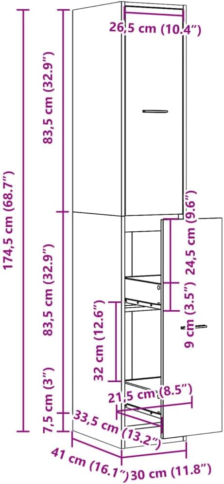 vidaXL Apothekenschrank, weiss, 30 x 41 x 174,5 cm, aus Spanplatte, Apothekenschrank, Apothekenmöbel