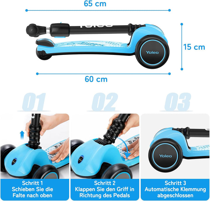 YOLEO Kinderoller Kinderscooter Dreiradscooter mit LED Räder, 2-Rädern Hinterbremsen,4 Höhenverstell