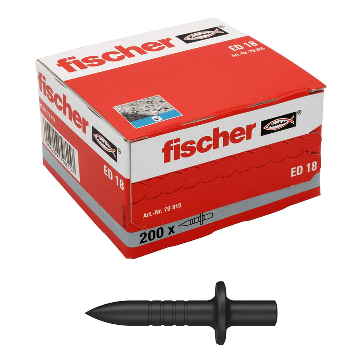fischer Einschlagnagel ED 18, Schnelle und einfache Einschlagmontage ohne Vorbohren, 200 Stück, grau
