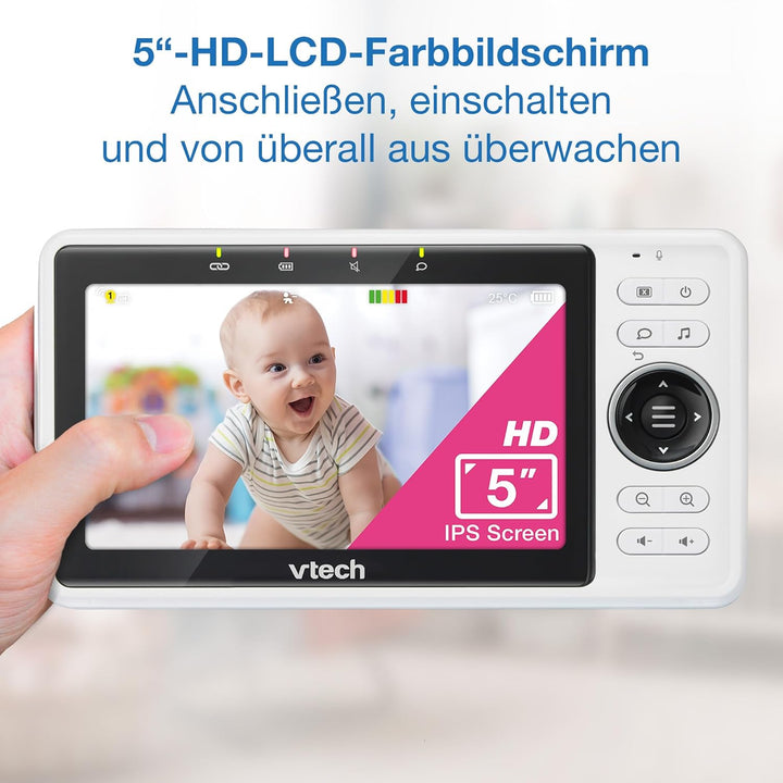 VTech Smart Babyphone mit 2 Kameras, 1080p-FHD-Kamera und 5"-HD-IPS-Bildschirm, WLAN, Geräusch-/Bewe