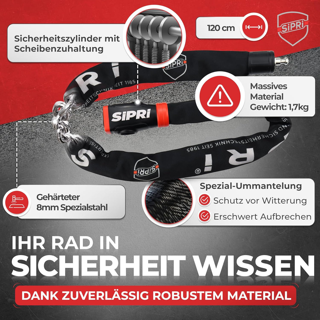 SIPRI® Fahrradschloss mit Alarm 120 dB | Kettenschloss Fahrradschloss hohe Sicherheit für E-Bike, E-