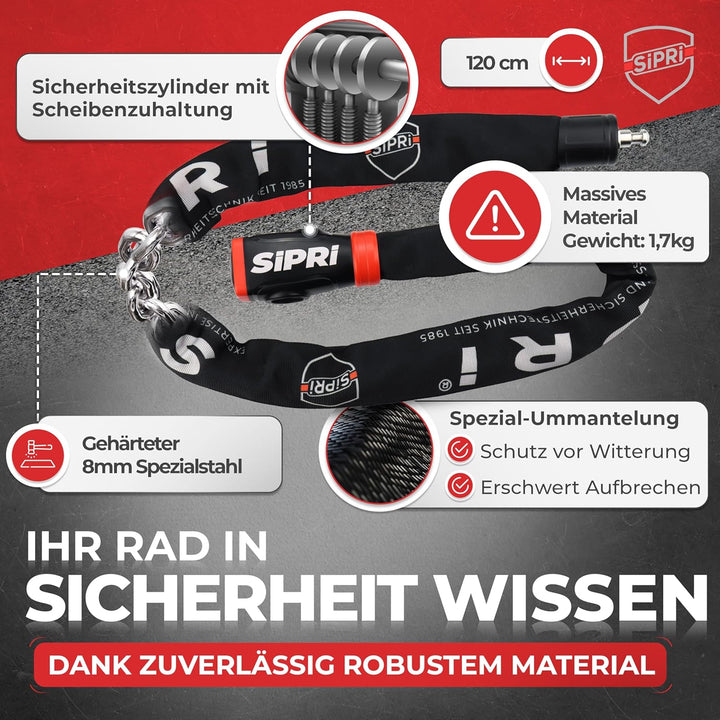 SIPRI® Fahrradschloss mit Alarm 120 dB | Kettenschloss Fahrradschloss hohe Sicherheit für E-Bike, E-