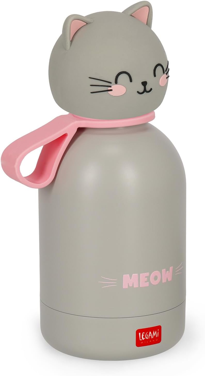 Legami - Hot&Cold BFF Kinder-Wasserflasche, Kitty-Motiv, doppellagig aus 18/8 Edelstahl mit luftdich