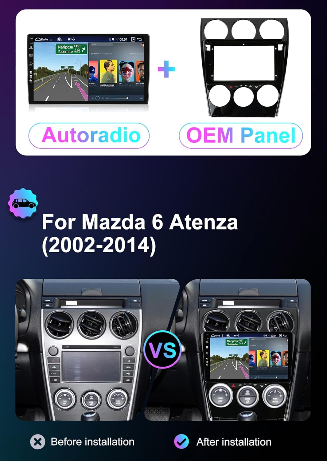 [6GB+128GB] Android 14 Autoradio für Mazda 6 Atenza(2002-2008)-[Integriertes CarPlay/Android Auto/DS