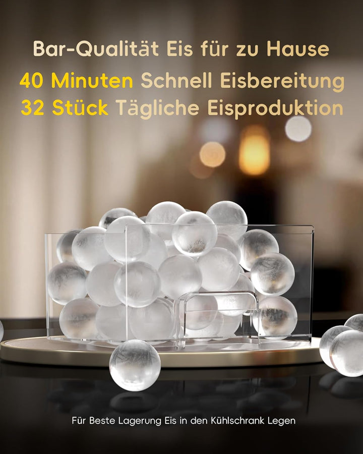 ecozy 60mm Klare Eiswürfelmaschine für Eiskugeln, 8h Timer, LED-Touchdisplay, Kugel-Eis in 40 Minute