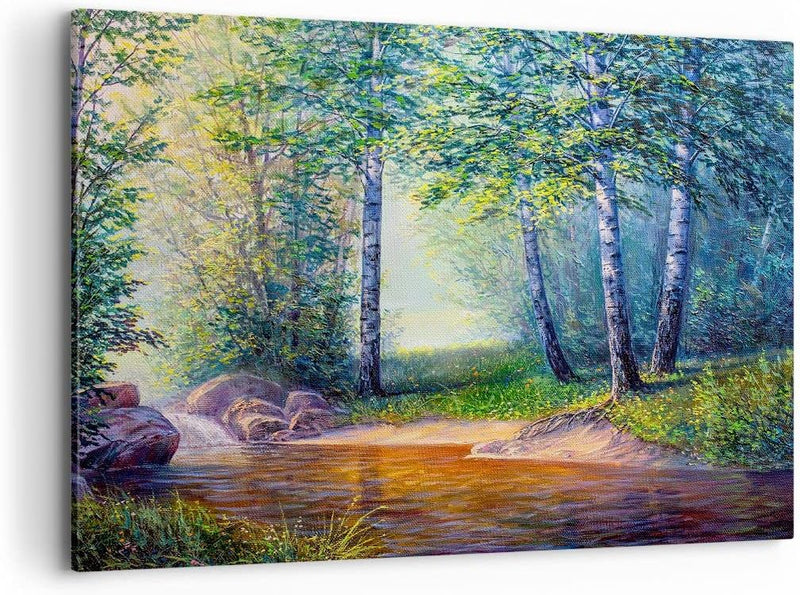 Bilder auf Leinwand 100x70cm Leinwandbild mit Rahmen Wiese Wasser Baum Gross Wanddeko Bild Schlafzim