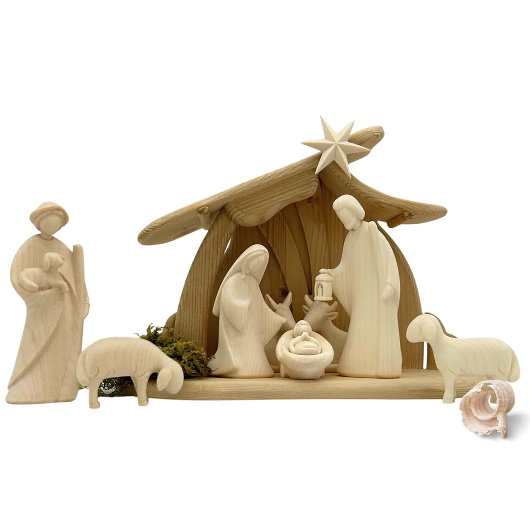 Akantus Leonardo Weihnachtskrippe aus Holz: 8er Set mit Stall HL.Nacht klein (10 cm, Natur) 10 cm Na