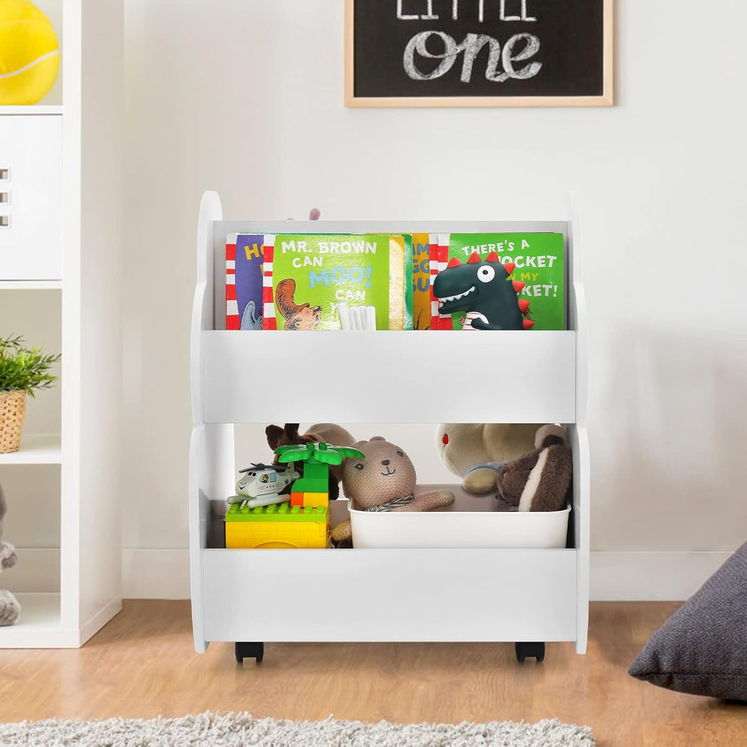 HOMASIS Kinder Bücherregal Spielzeugregal mit 2 Fächern, Holz Kinderregal Standregal mit 4 Rädern, n