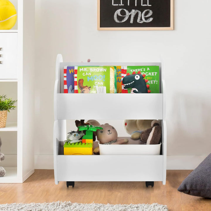 HOMASIS Kinder Bücherregal Spielzeugregal mit 2 Fächern, Holz Kinderregal Standregal mit 4 Rädern, n