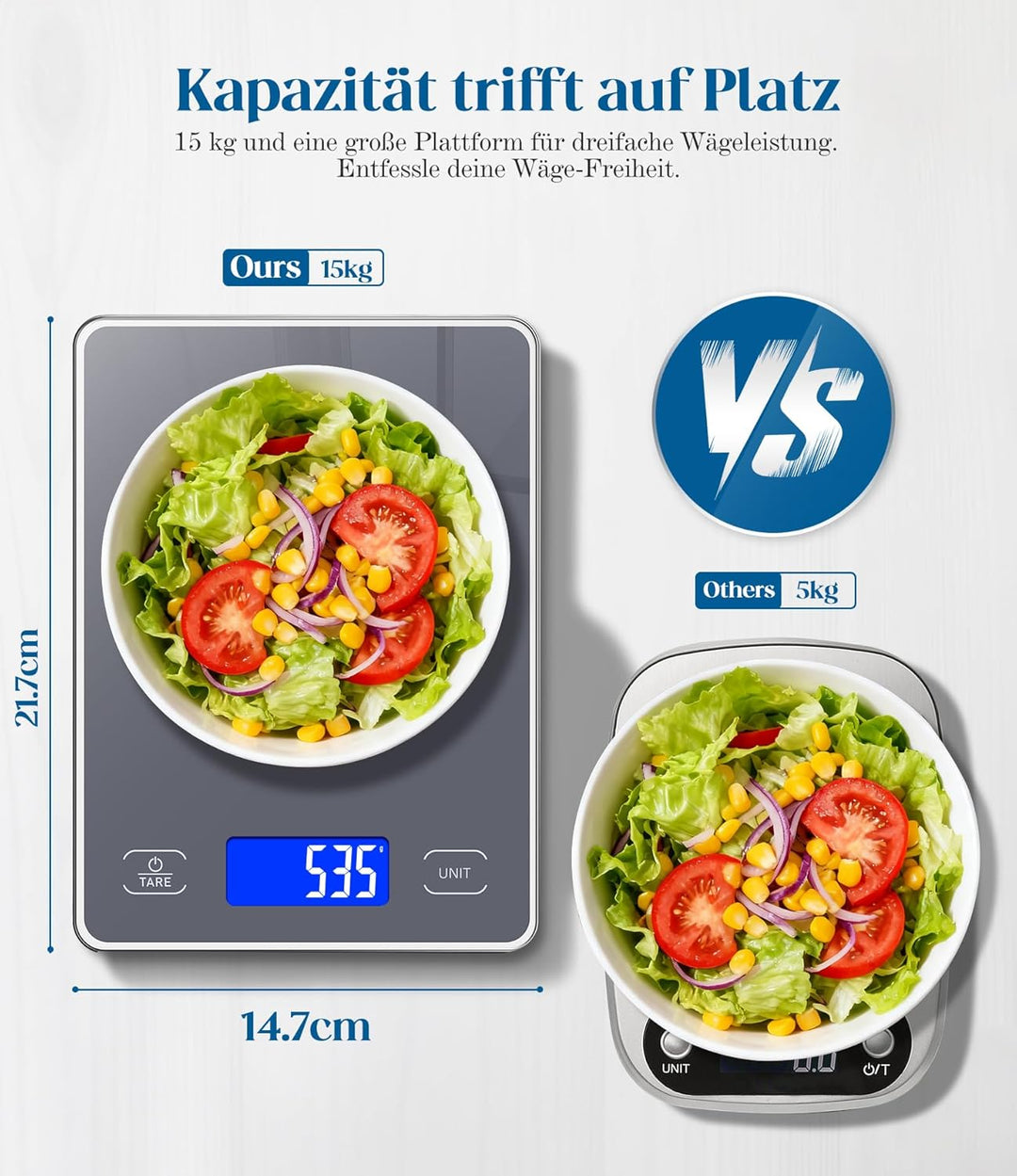 Küchenwaage Digital mit 15 kg Tragkraft, 5 Einheiten in g/ml/fl'oz, Präzise Waage Küche mit Grossem