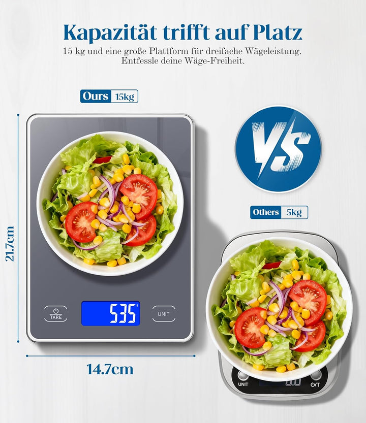 Küchenwaage Digital mit 15 kg Tragkraft, 5 Einheiten in g/ml/fl'oz, Präzise Waage Küche mit Grossem