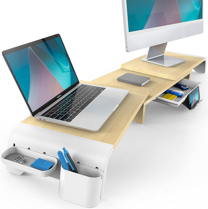Fenge Dual Monitorständer mit Schubladen und Stauraum, Bildschirmständer aus MDF für Computer TV Lap