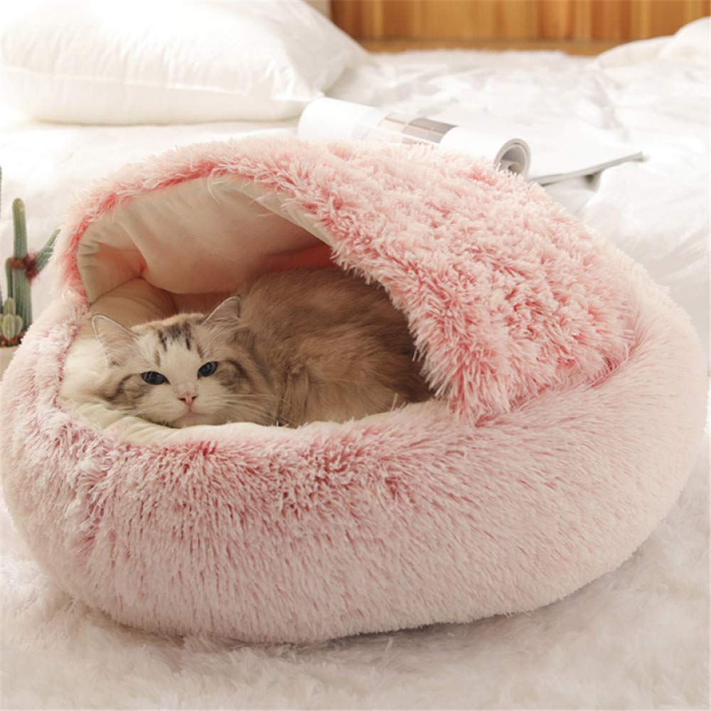 Flauschiges Katzenbett, rund, weiches Plüsch, Höhle mit Kapuze, Katzenbett, für den Winter, warm, Sc