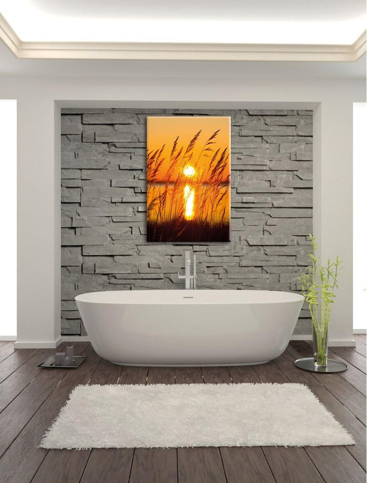 Sonne zwischen Gräsern, Format: 100x70 auf Leinwand, XXL riesige Bilder fertig gerahmt mit Keilrahme