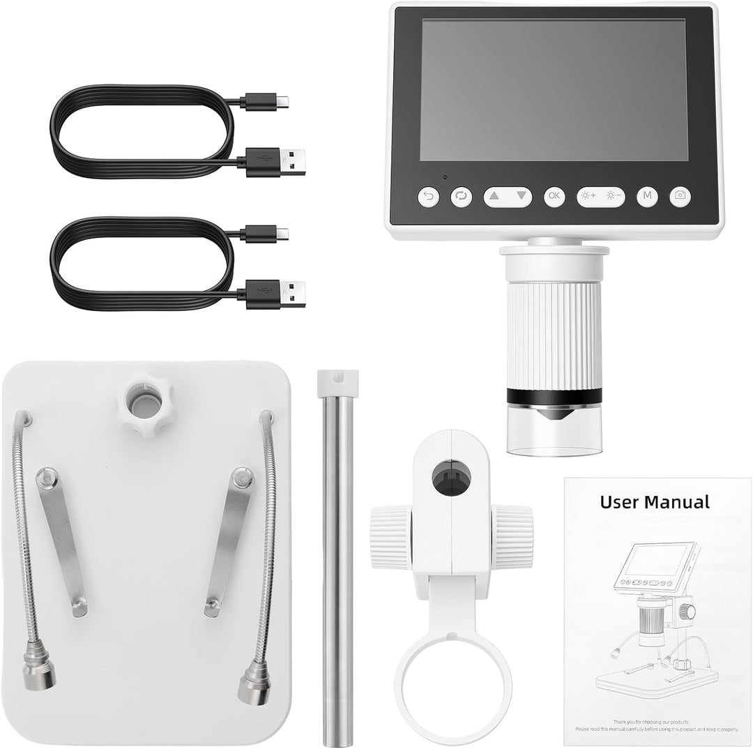 eSynic USB Mikroskop 4,5 Zoll IPS Bildschirm, 1000x Vergrösserung, 2 Schwanenhalogenleuchten, 32GB S