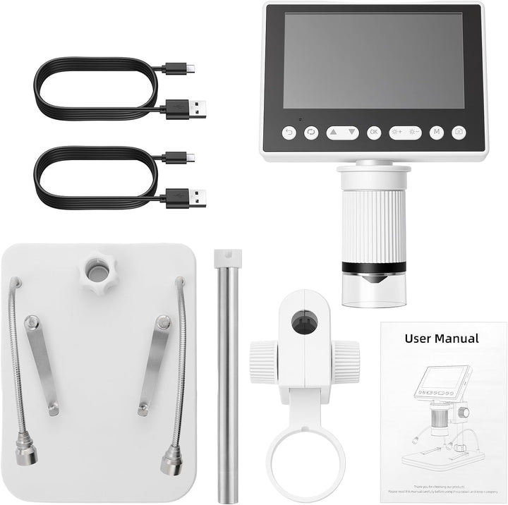 eSynic USB Mikroskop 4,5 Zoll IPS Bildschirm, 1000x Vergrösserung, 2 Schwanenhalogenleuchten, 32GB S