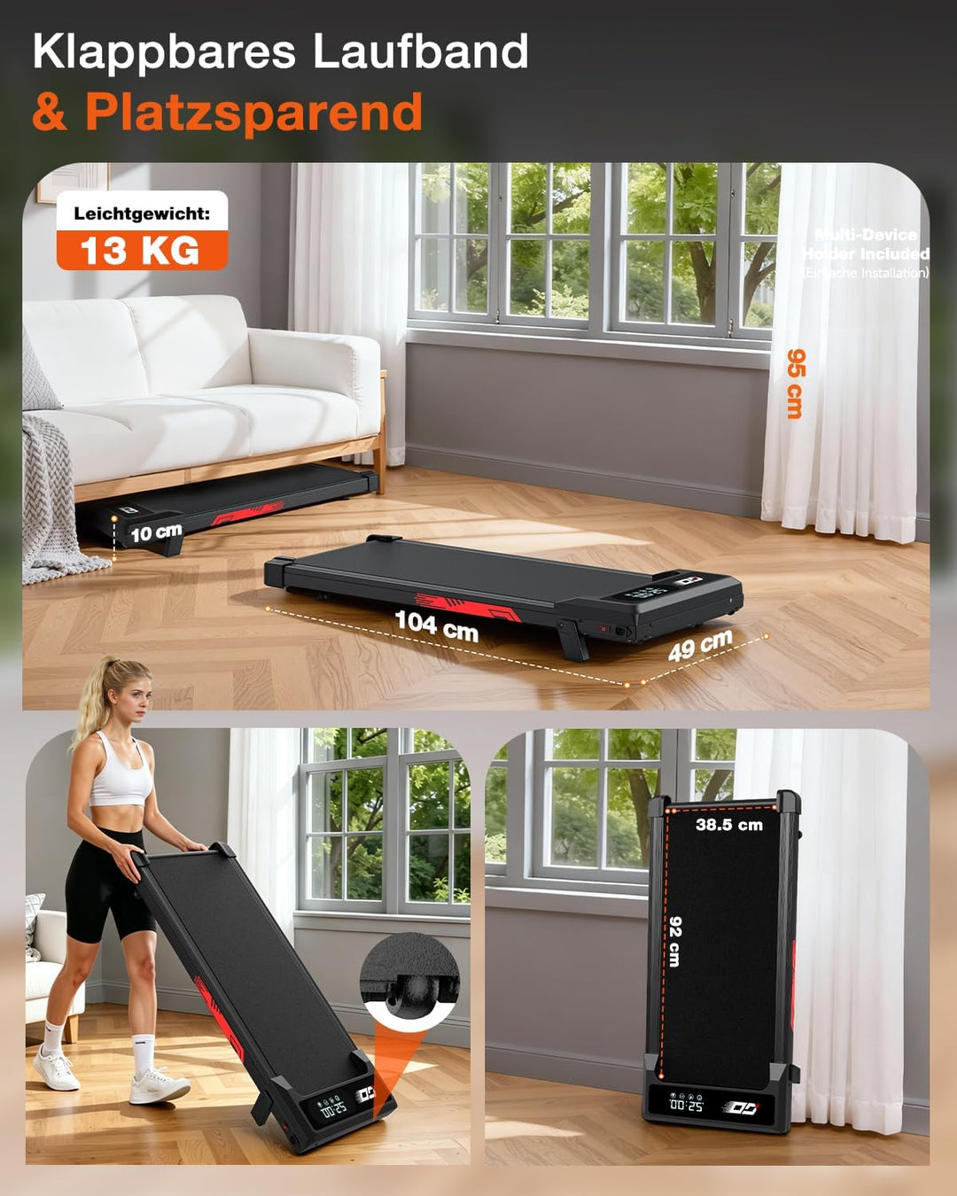 Laufband klappbar elektrisch mit 9% Steigung, leises Walking Pad mit 1-10 km/h, bürstenloser 3,0-PS-